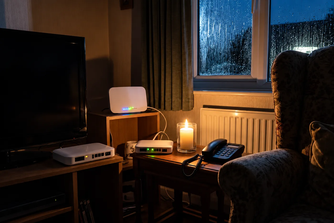 Living room in a power cut with candles and rain on the window