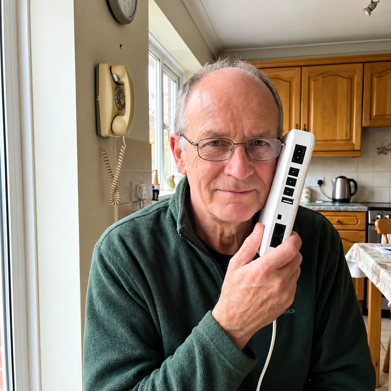 Older man at home holding the LineKeeper Hub Battery Backup