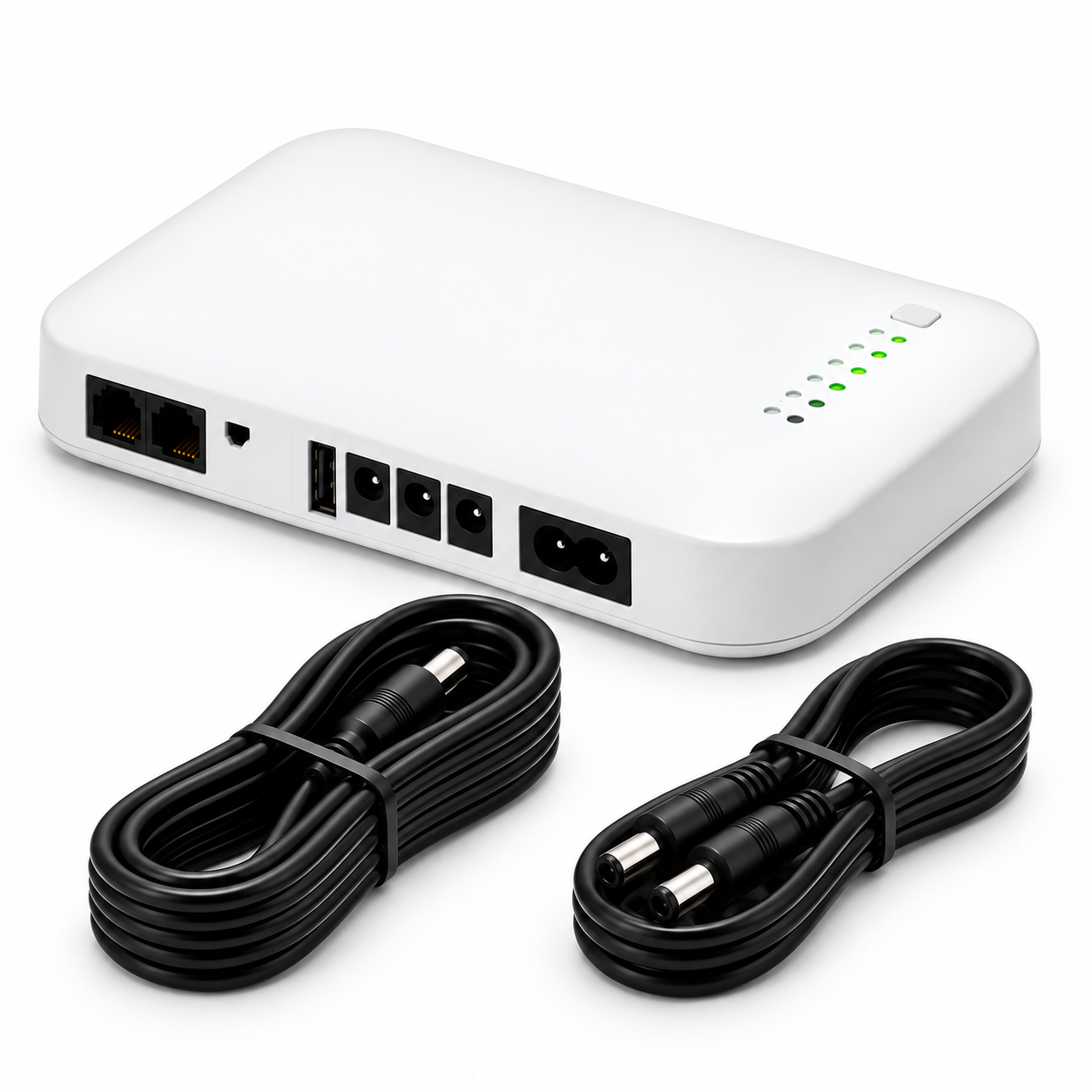 The LineKeeper Hub Battery Backup unit with its two connection cables